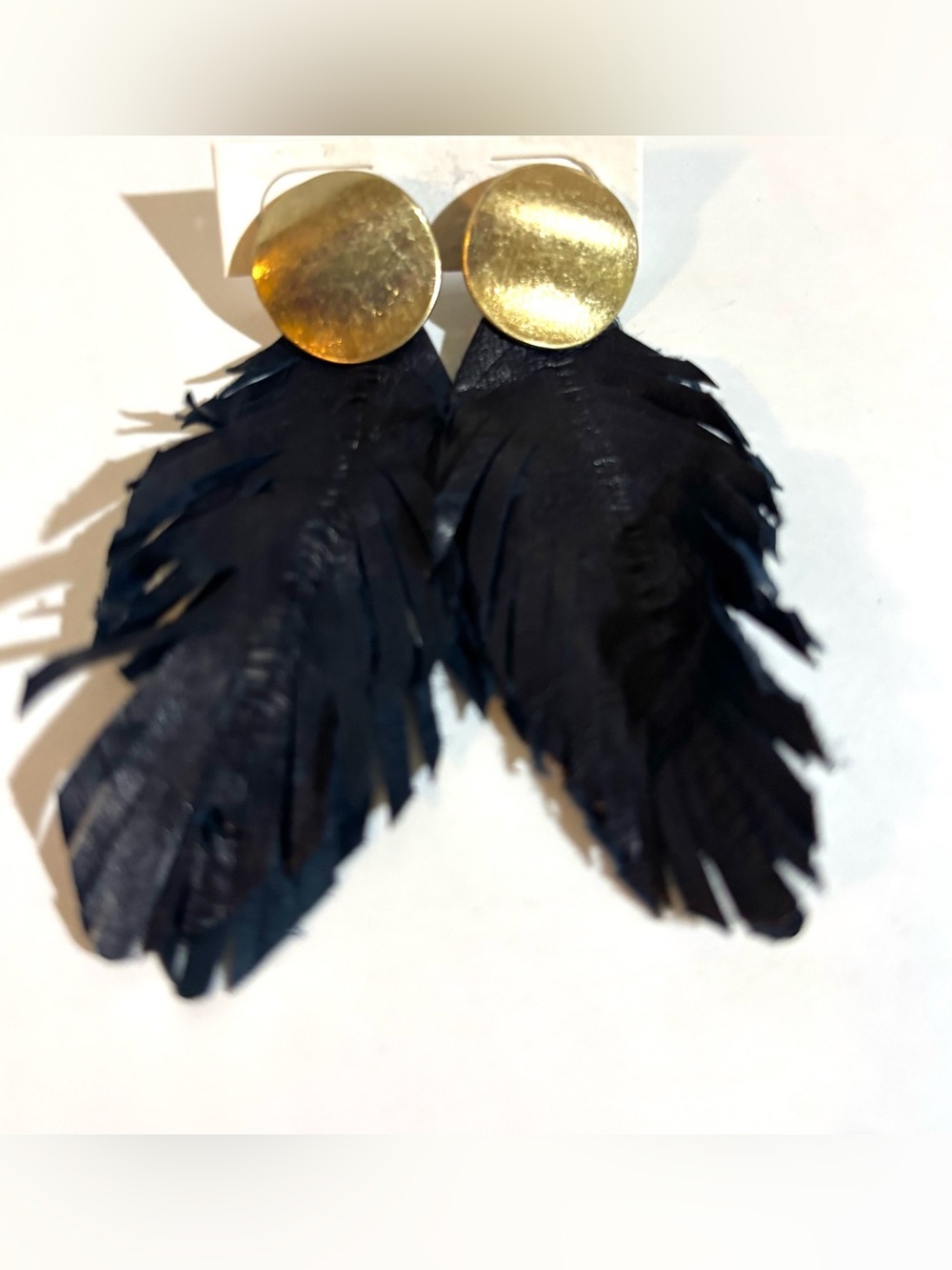 Gold Disc Black leather Feather Drop Earrings